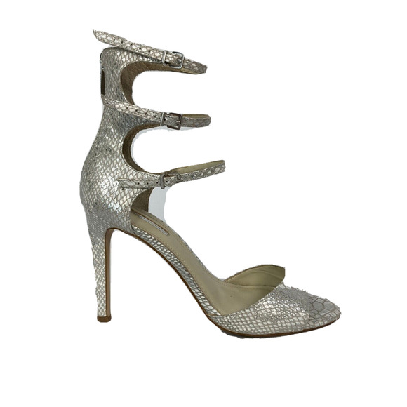 BCBG Sandals Womens Sz 10 Silver Gray Snake Print Stiletto Buckles Ankle Straps - Picture 1 of 9